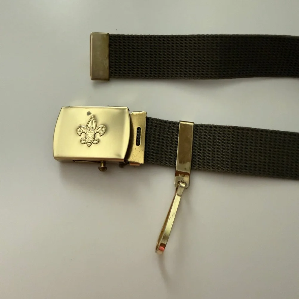 BSA Boy Scouts Vintage Brass Buckle Green Uniform Belt w/Knife Holder - Size S/M